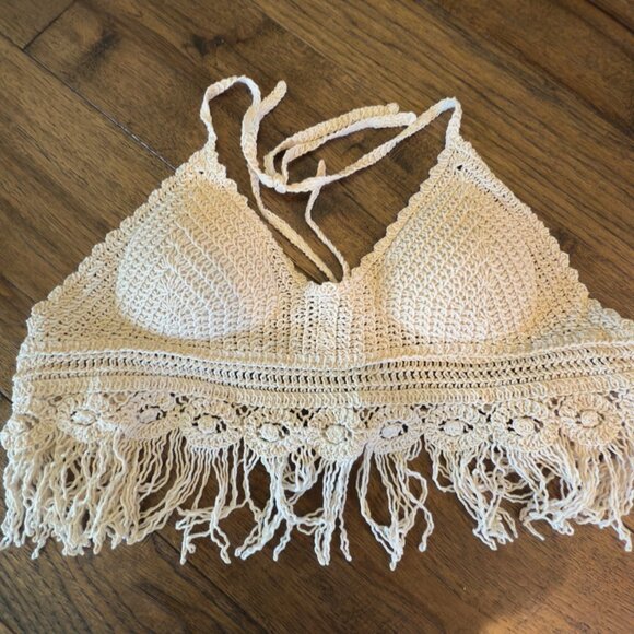 Shein Fringe Hem Crocheted Halter Top Size Medium Bohemian Romantic Festival - Picture 1 of 9